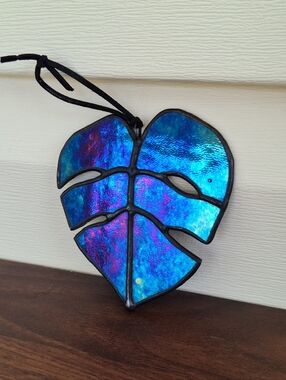 Handmade Iridescent Stained Glass Hanging Monstera Leaf 4 Inch Blue Purple Black